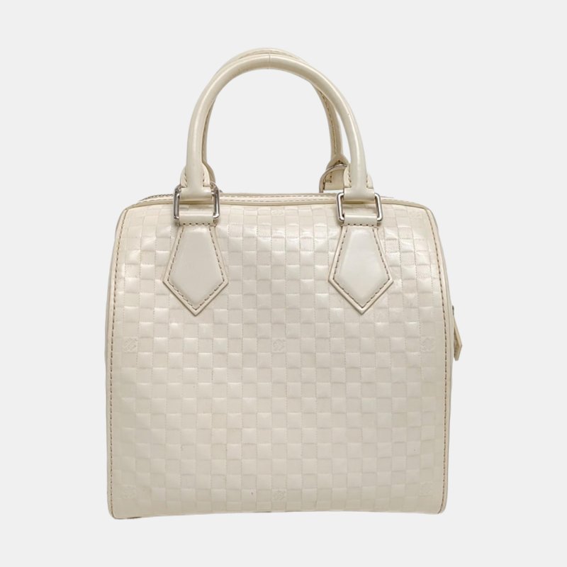 LOUIS VUITTON SPEEDY CUBE 小號白色漆皮棋盤格波士頓包單肩包手提包斜挎包銀色五金可拆卸肩帶-4