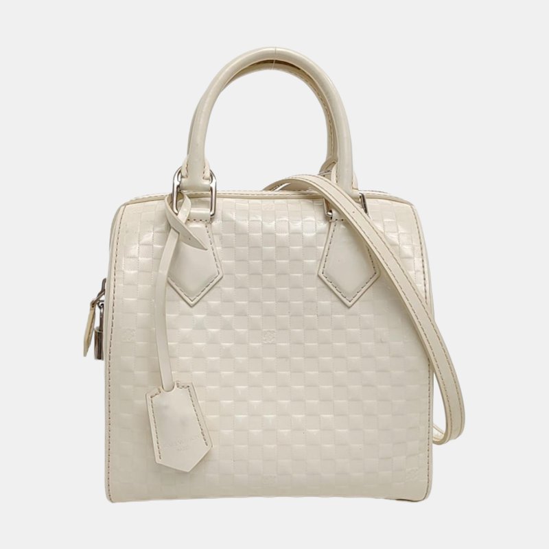 LOUIS VUITTON SPEEDY CUBE 小號白色漆皮棋盤格波士頓包單肩包手提包斜挎包銀色五金可拆卸肩帶-7