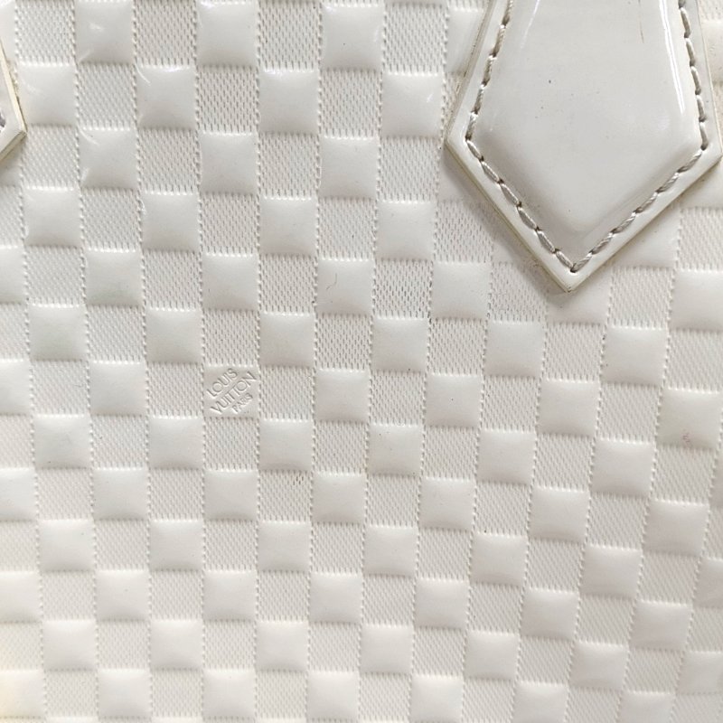 LOUIS VUITTON SPEEDY CUBE 小號白色漆皮棋盤格波士頓包單肩包手提包斜挎包銀色五金可拆卸肩帶-8