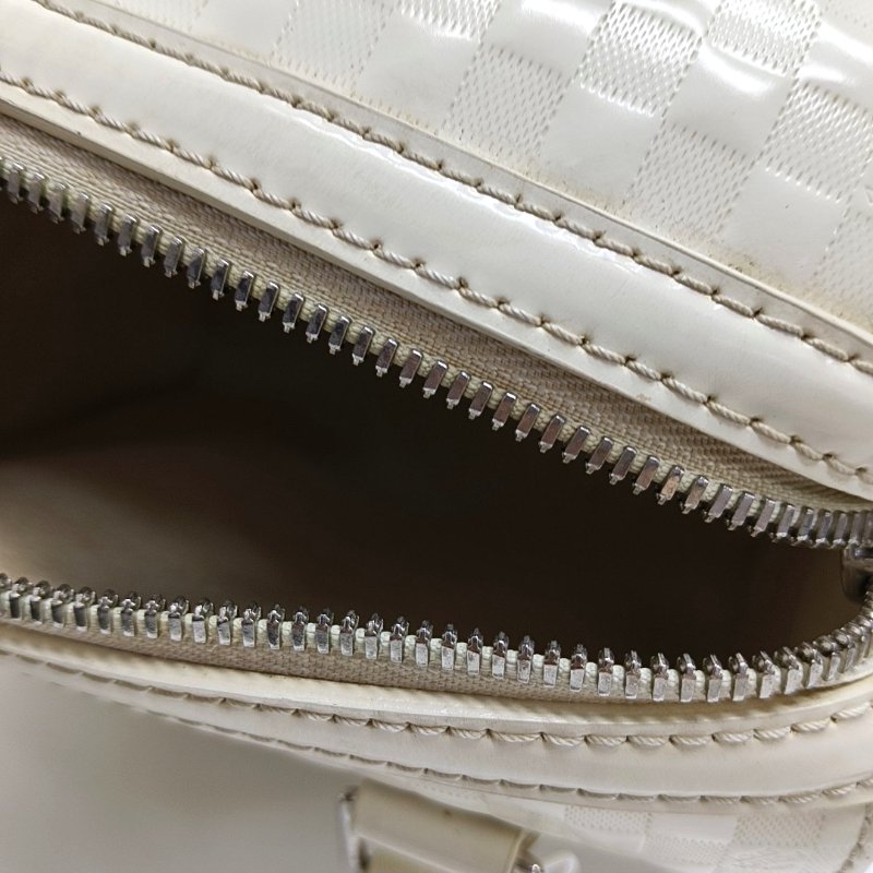 LOUIS VUITTON SPEEDY CUBE 小號白色漆皮棋盤格波士頓包單肩包手提包斜挎包銀色五金可拆卸肩帶-17