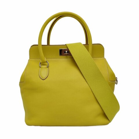 HERMES Toolbox 26 檸檬黃Swift牛皮單肩包銀色五金Q刻中古款可拆卸肩帶