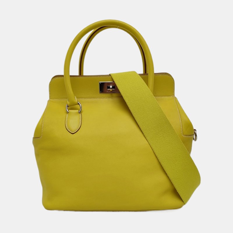 HERMES Toolbox 26 檸檬黃Swift牛皮單肩包銀色五金Q刻中古款可拆卸肩帶-7