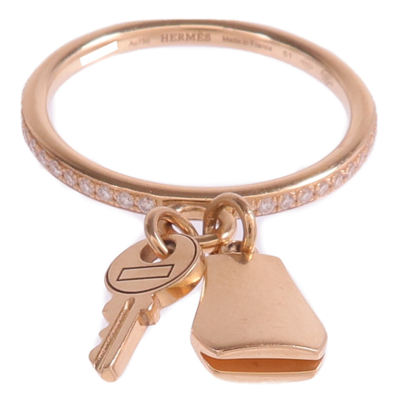 HERMES 18K玫瑰金Kelly Clochette Ring鑽石戒指Hermes#51/US#5.75-1