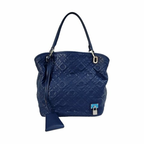 LOUIS VUITTON LILIA小號深藍色牛皮老花壓紋手提包單肩包銀色五金