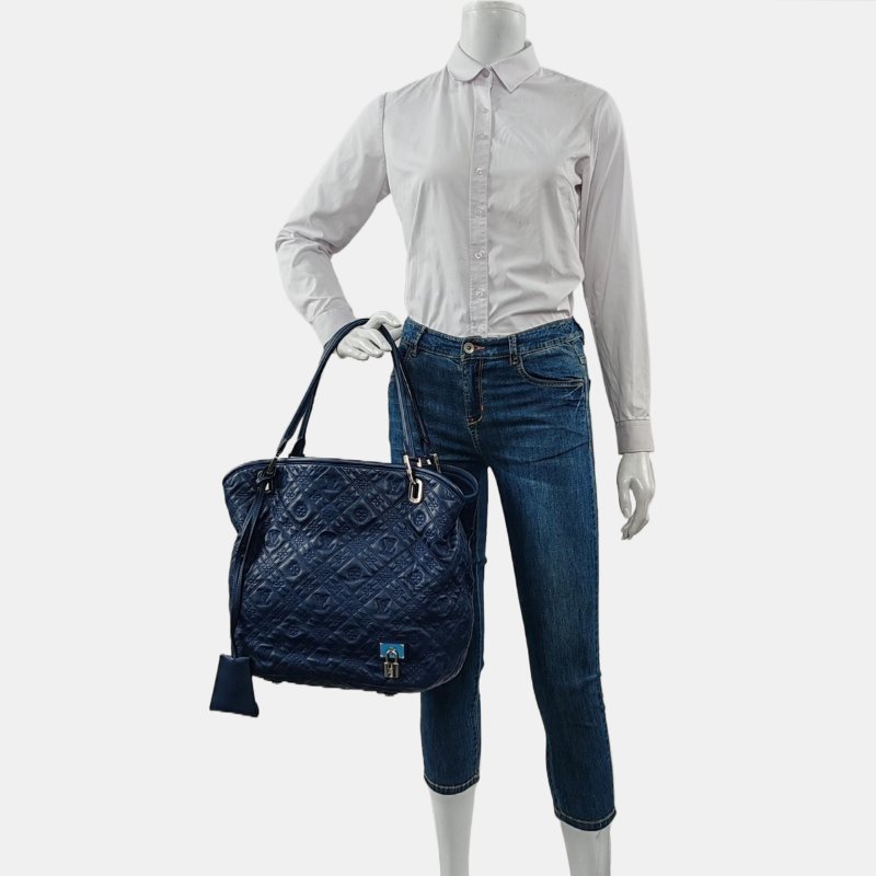 LOUIS VUITTON LILIA小號深藍色牛皮老花壓紋手提包單肩包銀色五金-1