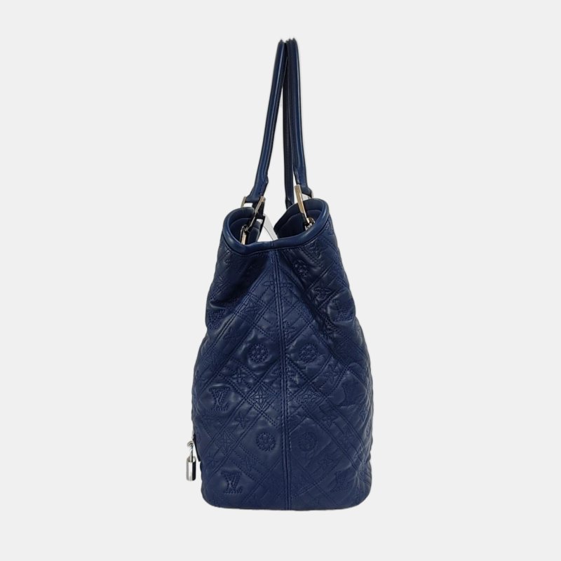 LOUIS VUITTON LILIA小號深藍色牛皮老花壓紋手提包單肩包銀色五金-2