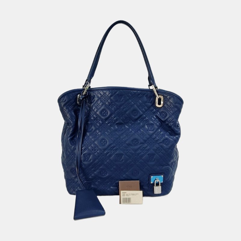 LOUIS VUITTON LILIA小號深藍色牛皮老花壓紋手提包單肩包銀色五金-7