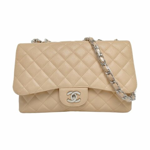 CHANEL CLASSIC FLAP大號米色荔枝紋牛皮菱格紋Jumbo單肩包斜挎包銀色五金12開