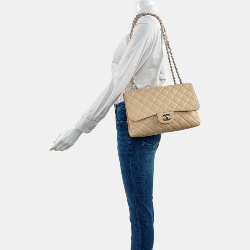 CHANEL CLASSIC FLAP大號米色荔枝紋牛皮菱格紋Jumbo單肩包斜挎包銀色五金12開-1