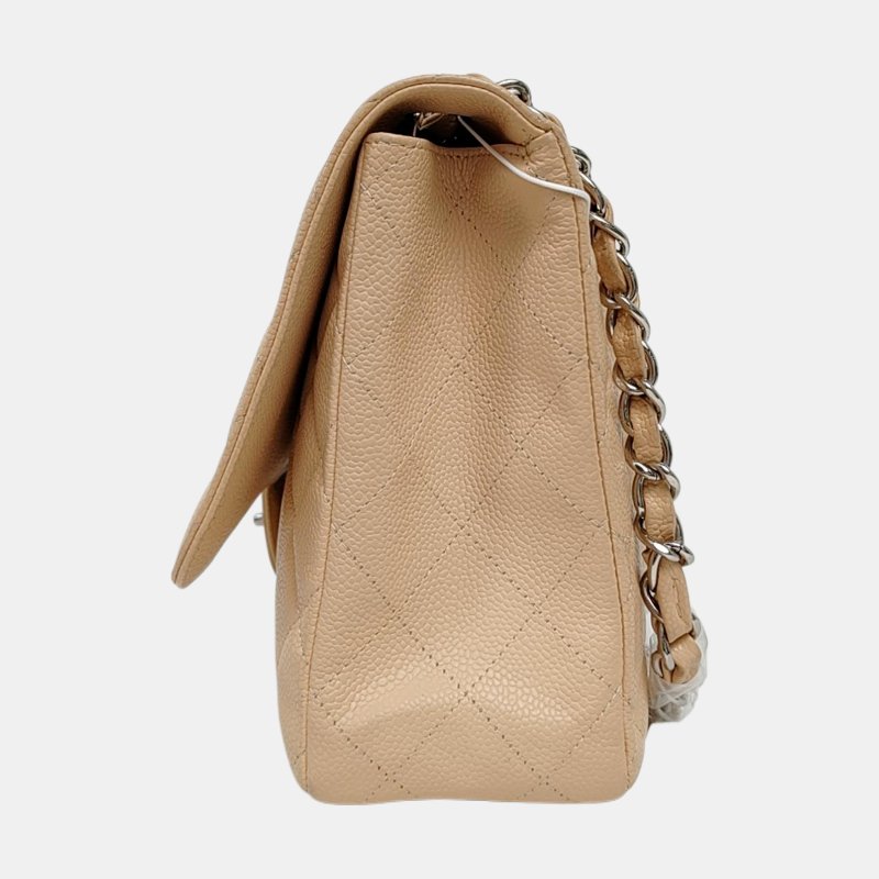 CHANEL CLASSIC FLAP大號米色荔枝紋牛皮菱格紋Jumbo單肩包斜挎包銀色五金12開-2