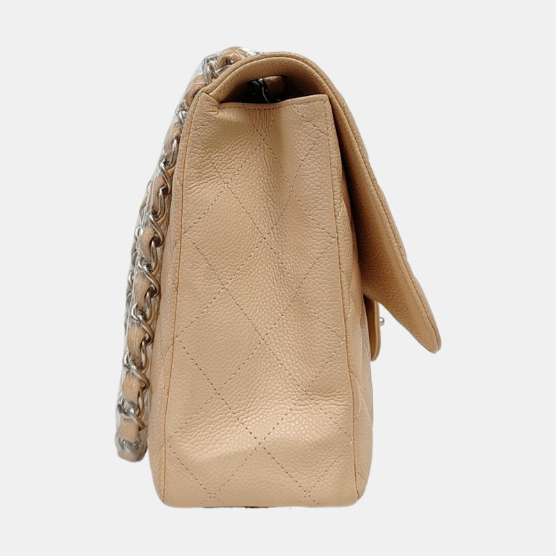 CHANEL CLASSIC FLAP大號米色荔枝紋牛皮菱格紋Jumbo單肩包斜挎包銀色五金12開-3