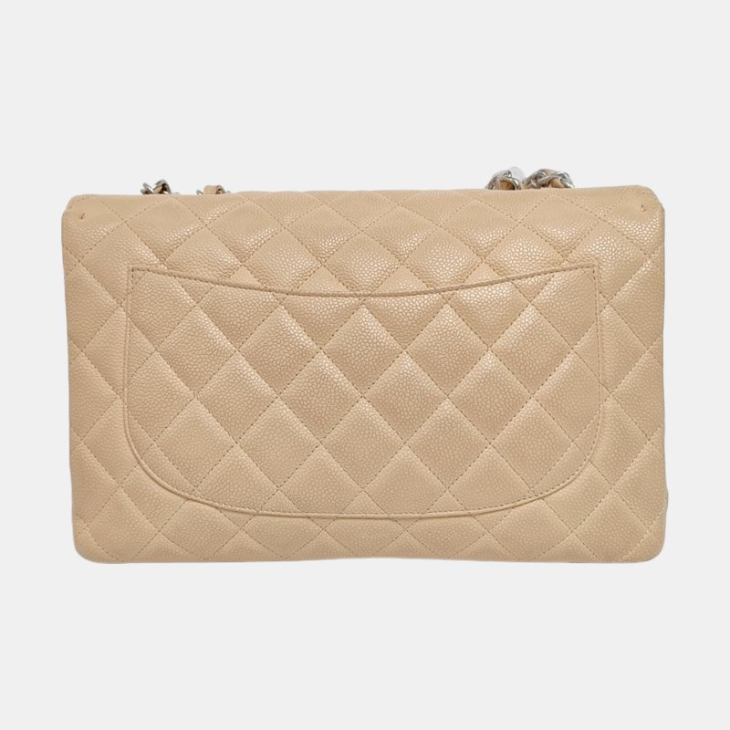 CHANEL CLASSIC FLAP大號米色荔枝紋牛皮菱格紋Jumbo單肩包斜挎包銀色五金12開-4