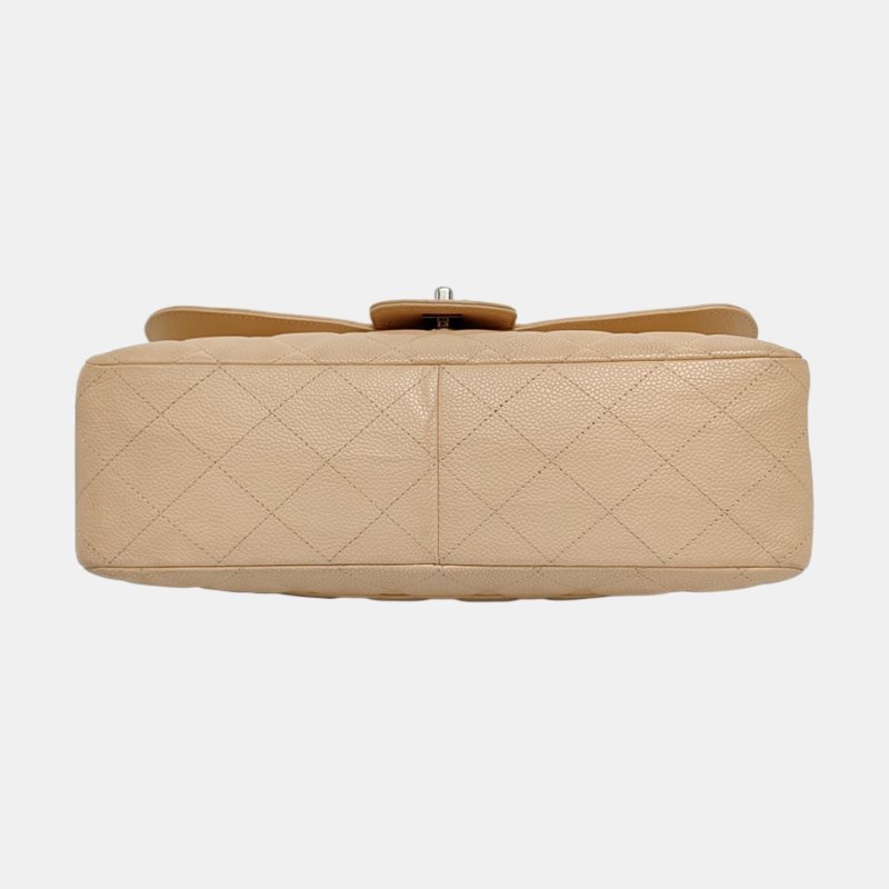 CHANEL CLASSIC FLAP大號米色荔枝紋牛皮菱格紋Jumbo單肩包斜挎包銀色五金12開-5