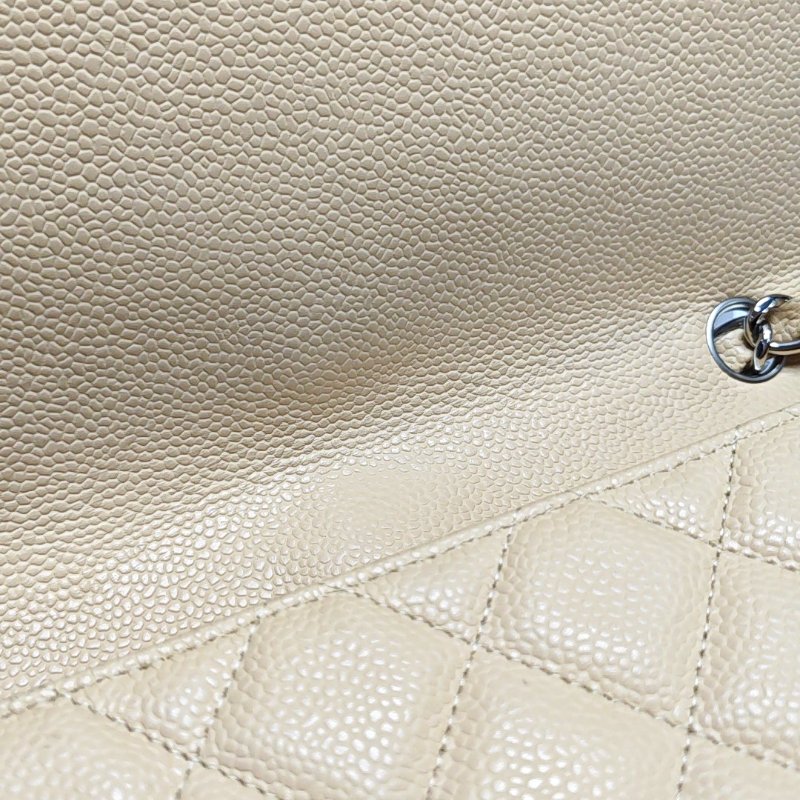 CHANEL CLASSIC FLAP大號米色荔枝紋牛皮菱格紋Jumbo單肩包斜挎包銀色五金12開-8