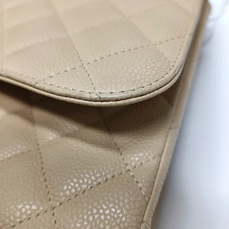 CHANEL CLASSIC FLAP大號米色荔枝紋牛皮菱格紋Jumbo單肩包斜挎包銀色五金12開-9