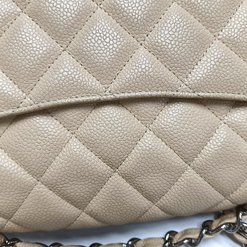 CHANEL CLASSIC FLAP大號米色荔枝紋牛皮菱格紋Jumbo單肩包斜挎包銀色五金12開-11