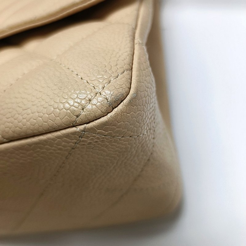 CHANEL CLASSIC FLAP大號米色荔枝紋牛皮菱格紋Jumbo單肩包斜挎包銀色五金12開-12