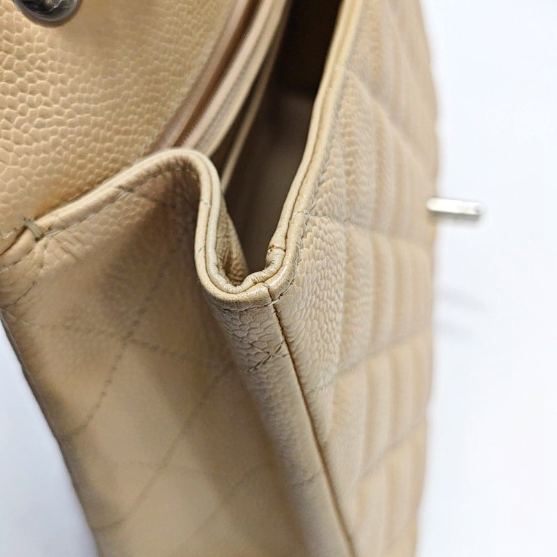 CHANEL CLASSIC FLAP大號米色荔枝紋牛皮菱格紋Jumbo單肩包斜挎包銀色五金12開-16