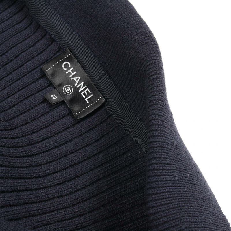 香奈兒 (CHANEL) COCO 標誌紐扣長針織開襟衫 #40 棉質海軍藍二手女款 CC-7