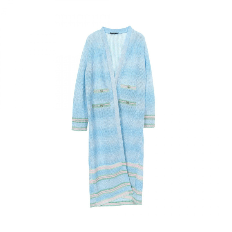 香奈兒 COCO 標誌紐扣長版開襟羊毛衫 #42 布料：棉黏膠混紡 藍色 二手-0