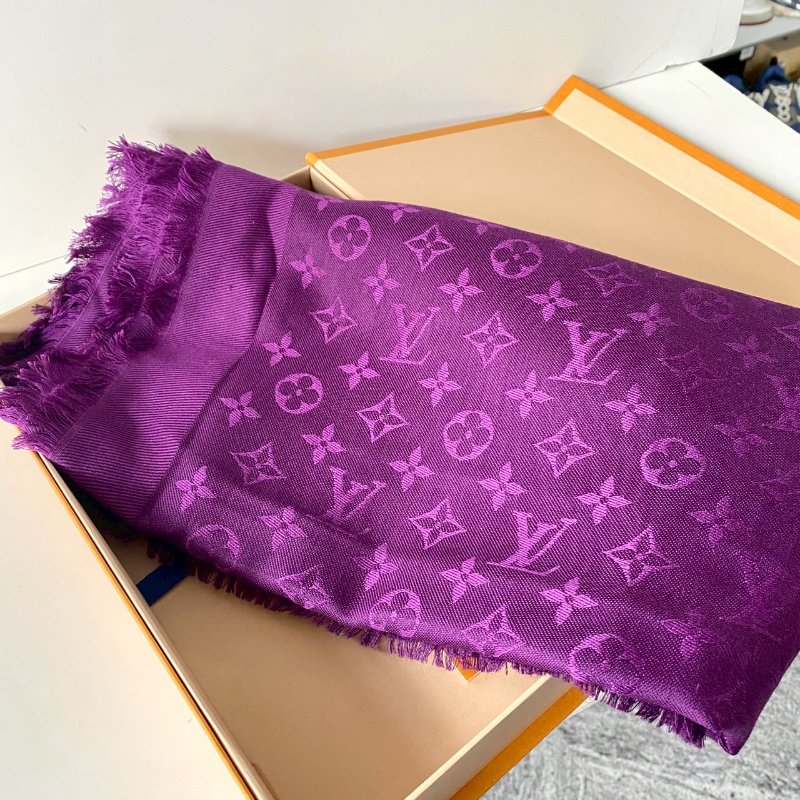 LV Monogram 絕版 深紫色 老花 絲綢 羊毛 披肩 圍巾 M74243-1