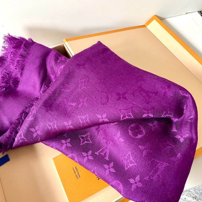 LV Monogram 絕版 深紫色 老花 絲綢 羊毛 披肩 圍巾 M74243-2