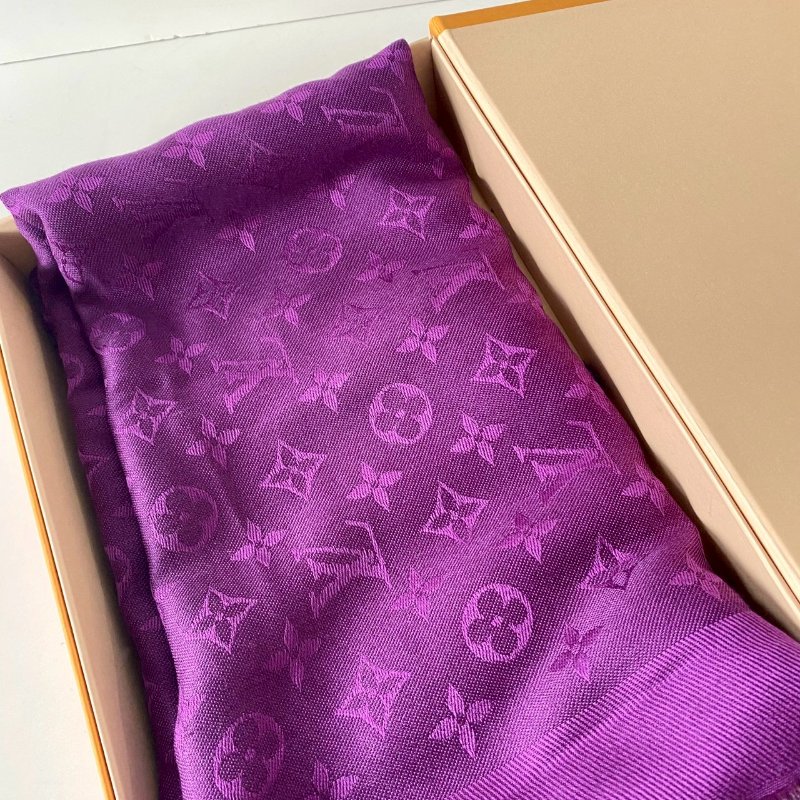 LV Monogram 絕版 深紫色 老花 絲綢 羊毛 披肩 圍巾 M74243-3