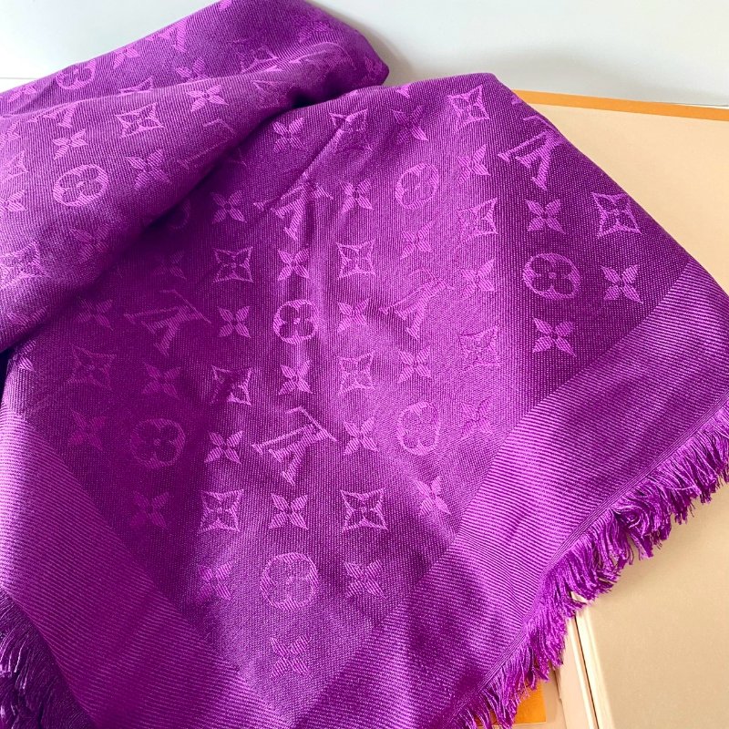 LV Monogram 絕版 深紫色 老花 絲綢 羊毛 披肩 圍巾 M74243-4