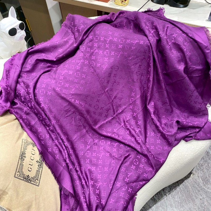 LV Monogram 絕版 深紫色 老花 絲綢 羊毛 披肩 圍巾 M74243-7