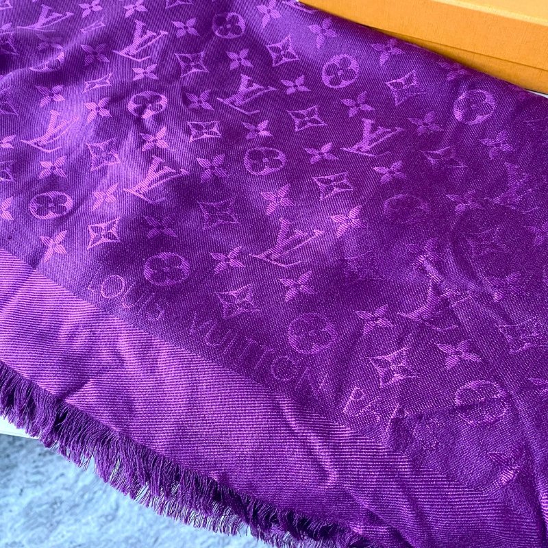 LV Monogram 絕版 深紫色 老花 絲綢 羊毛 披肩 圍巾 M74243-8