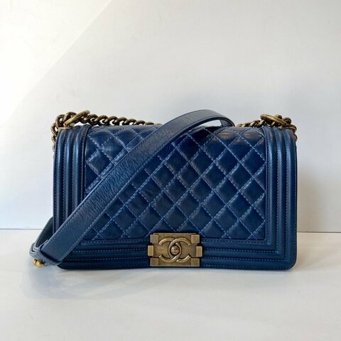 CHANEL BOY 25cm 午夜藍 仿舊 金鏈 油蠟 牛皮 肩背 斜背 口蓋包 A67086