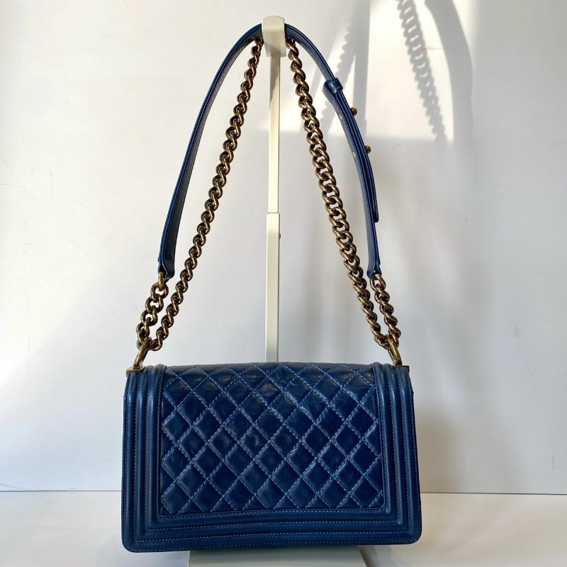 CHANEL BOY 25cm 午夜藍 仿舊 金鏈 油蠟 牛皮 肩背 斜背 口蓋包 A67086-2