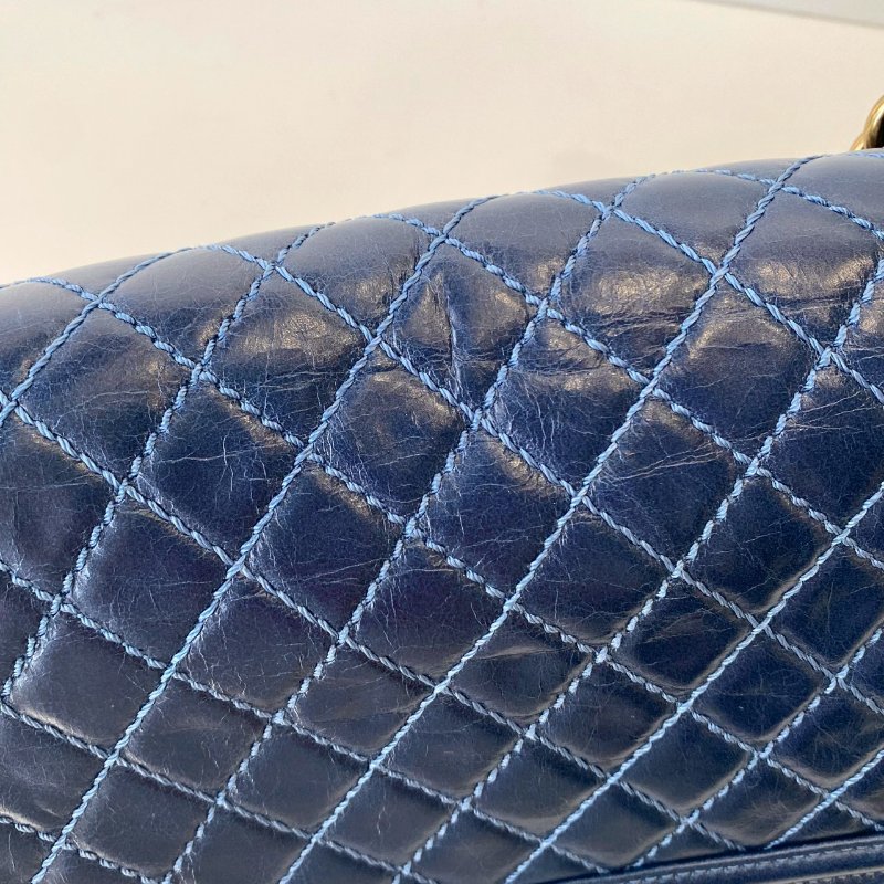 CHANEL BOY 25cm 午夜藍 仿舊 金鏈 油蠟 牛皮 肩背 斜背 口蓋包 A67086-8