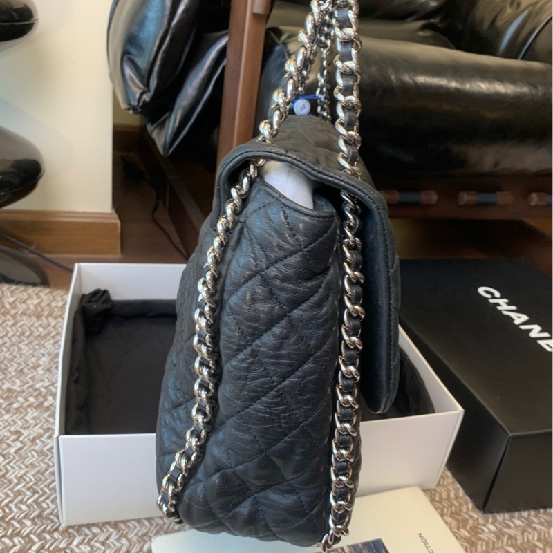 Chanel香奈兒XXL黑銀多鏈條滾邊cf機場包-4