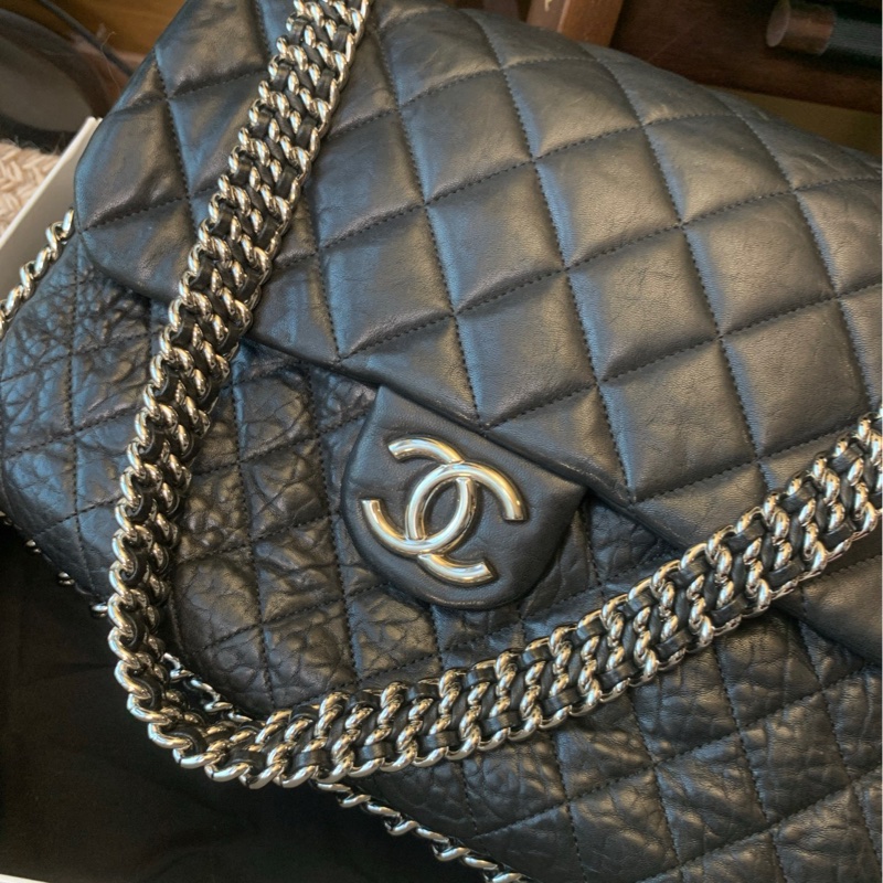 Chanel香奈兒XXL黑銀多鏈條滾邊cf機場包-7