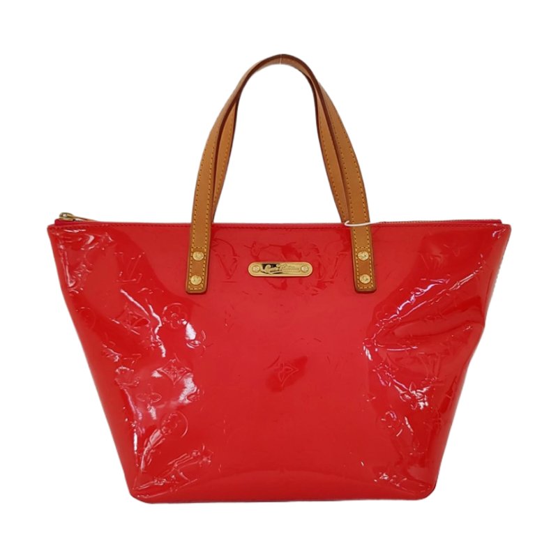 LOUIS VUITTON BELLEVUE橘粉色漆皮老花壓紋手提包金色五金-0