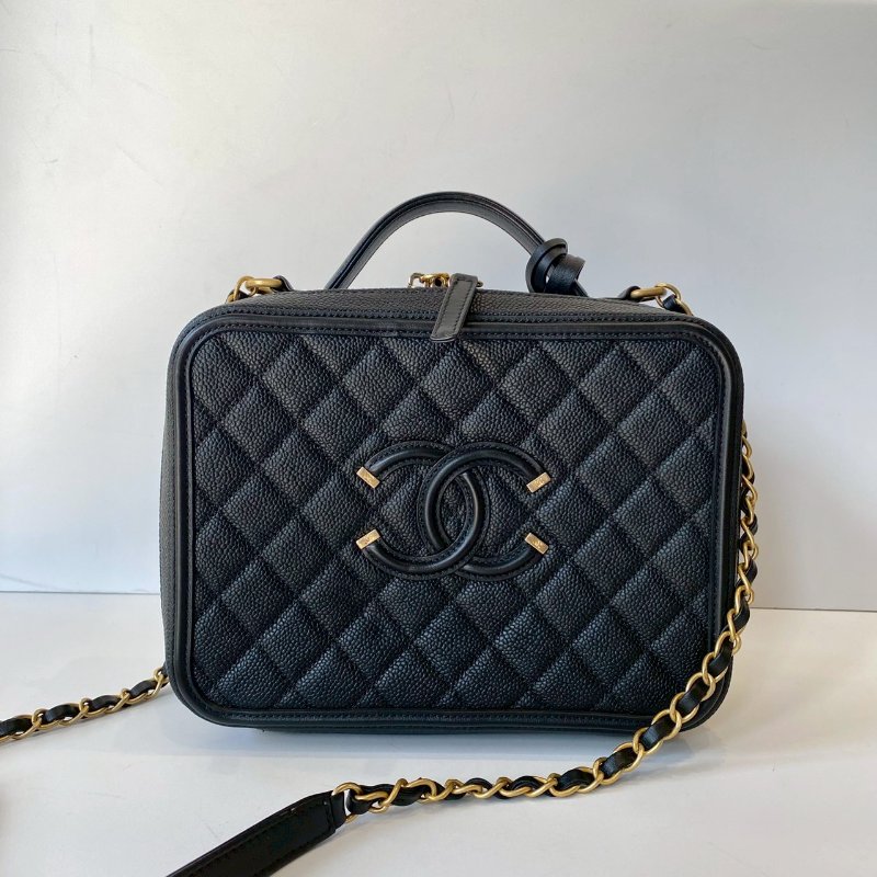 CHANEL 絕版 Vavnity Case 大型 化妝盒包 黑色 荔枝紋 牛皮 菱格 霧金鏈 A93344-0