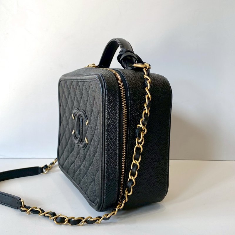 CHANEL 絕版 Vavnity Case 大型 化妝盒包 黑色 荔枝紋 牛皮 菱格 霧金鏈 A93344-2