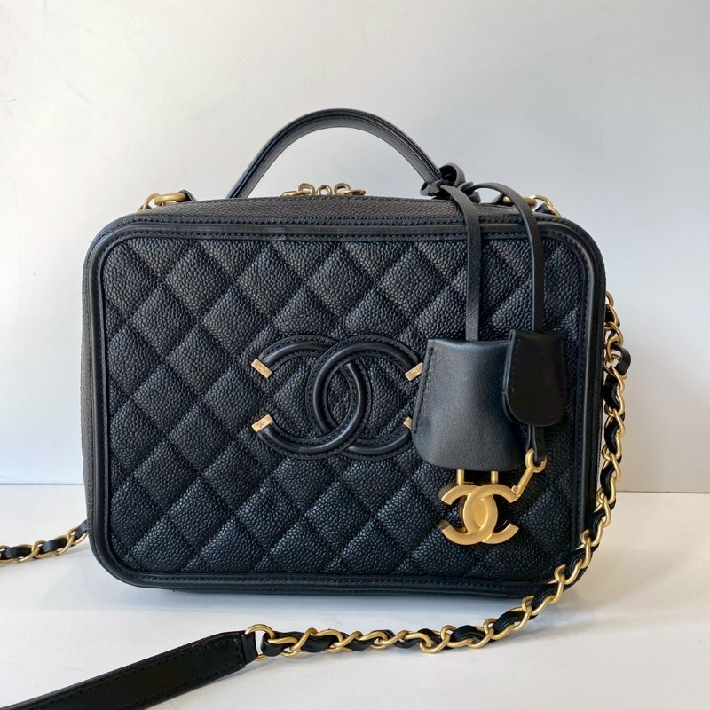 CHANEL 絕版 Vavnity Case 大型 化妝盒包 黑色 荔枝紋 牛皮 菱格 霧金鏈 A93344-3