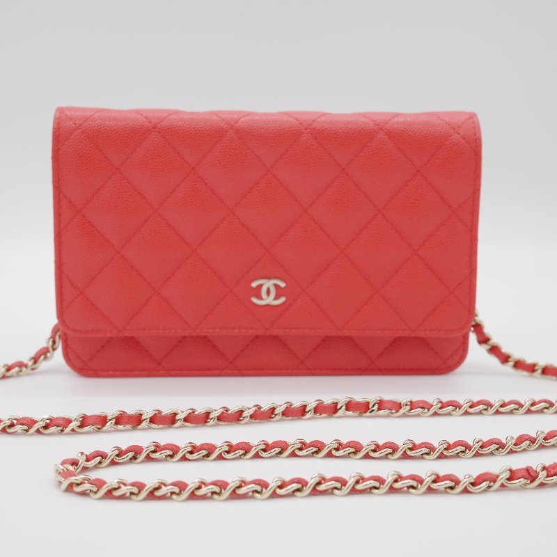 Chanel 香奈兒 經典 WOC 珊瑚紅 小牛皮 金鏈 錢包 鍊條包 肩背包-0