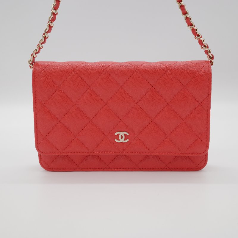 Chanel 香奈兒 經典 WOC 珊瑚紅 小牛皮 金鏈 錢包 鍊條包 肩背包-1