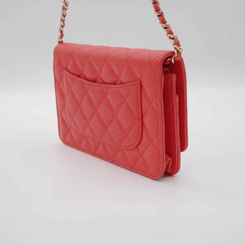 Chanel 香奈兒 經典 WOC 珊瑚紅 小牛皮 金鏈 錢包 鍊條包 肩背包-4
