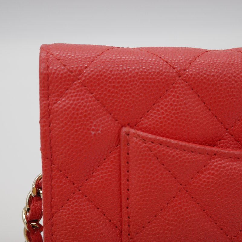 Chanel 香奈兒 經典 WOC 珊瑚紅 小牛皮 金鏈 錢包 鍊條包 肩背包-15