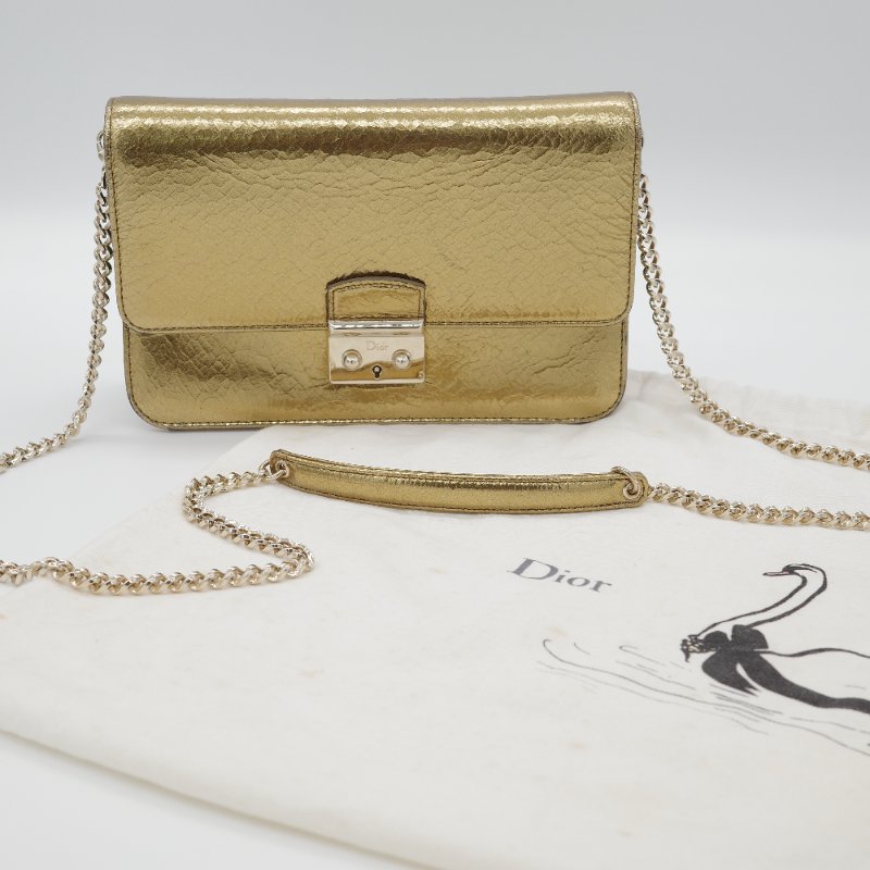 Dior迪奧Miss Dior 金色 金屬皮革 翻蓋包 單肩背 肩背包-0