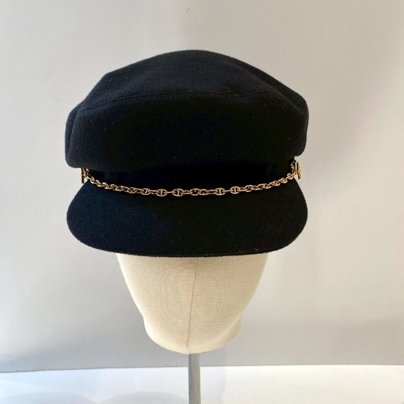 Hermes Belle-Ile Chaîne d'Ancre 豬鼻子 淡金鏈 黑色 羊絨 報童帽 S號 57cm-0