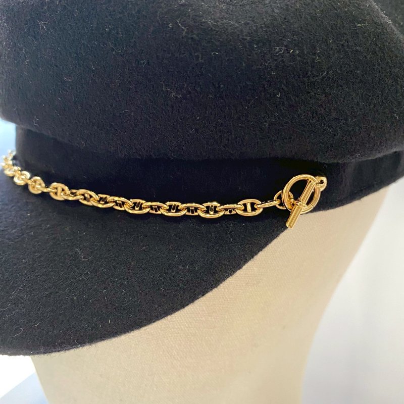 Hermes Belle-Ile Chaîne d'Ancre 豬鼻子 淡金鏈 黑色 羊絨 報童帽 S號 57cm-5