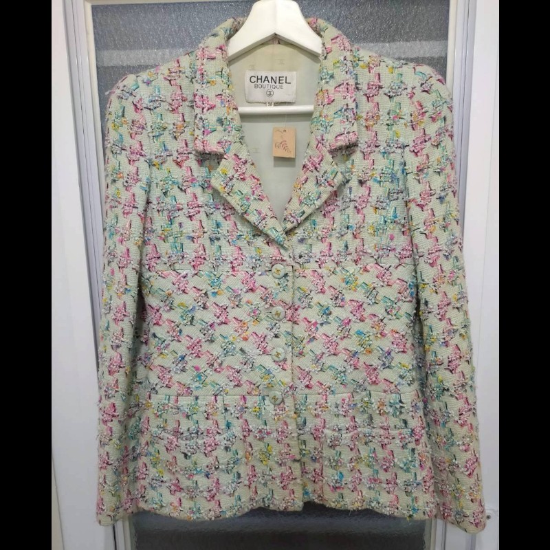 Chanel 嫩綠底藍粉綠千鳥格毛呢外套-0