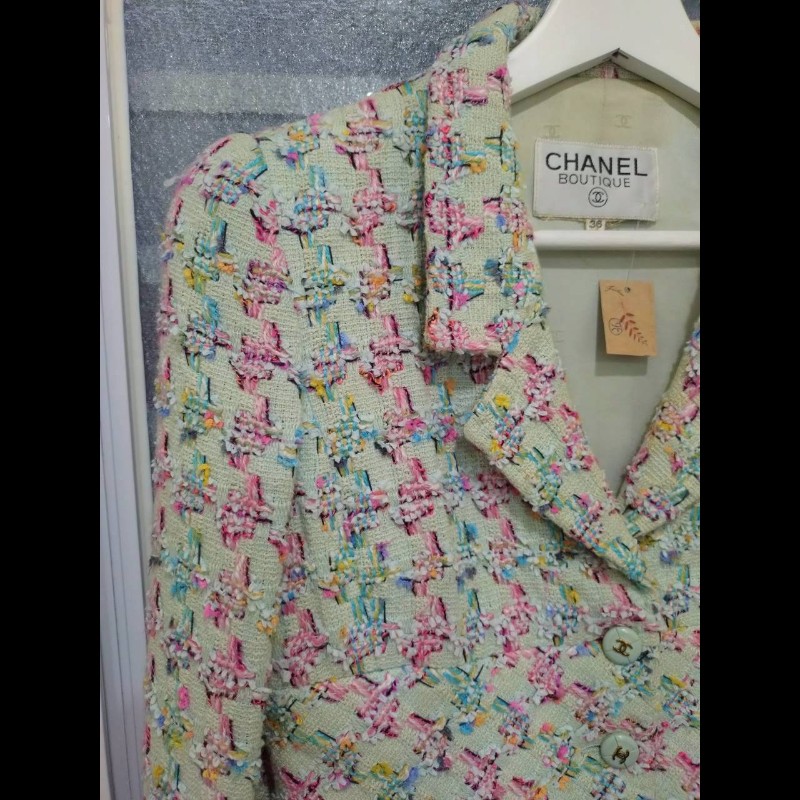 Chanel 嫩綠底藍粉綠千鳥格毛呢外套-1