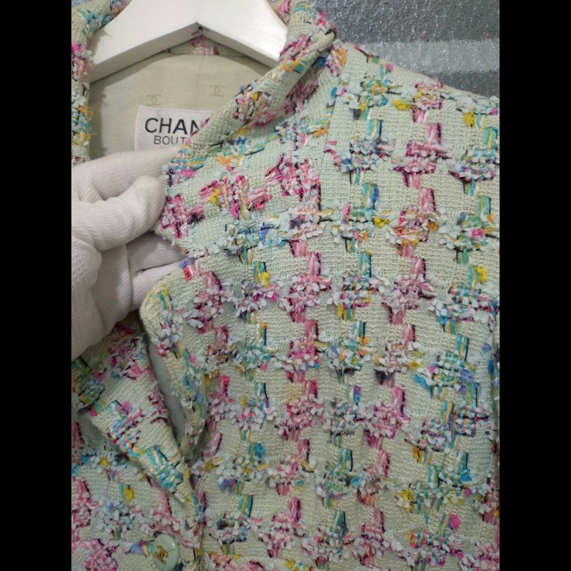 Chanel 嫩綠底藍粉綠千鳥格毛呢外套-10