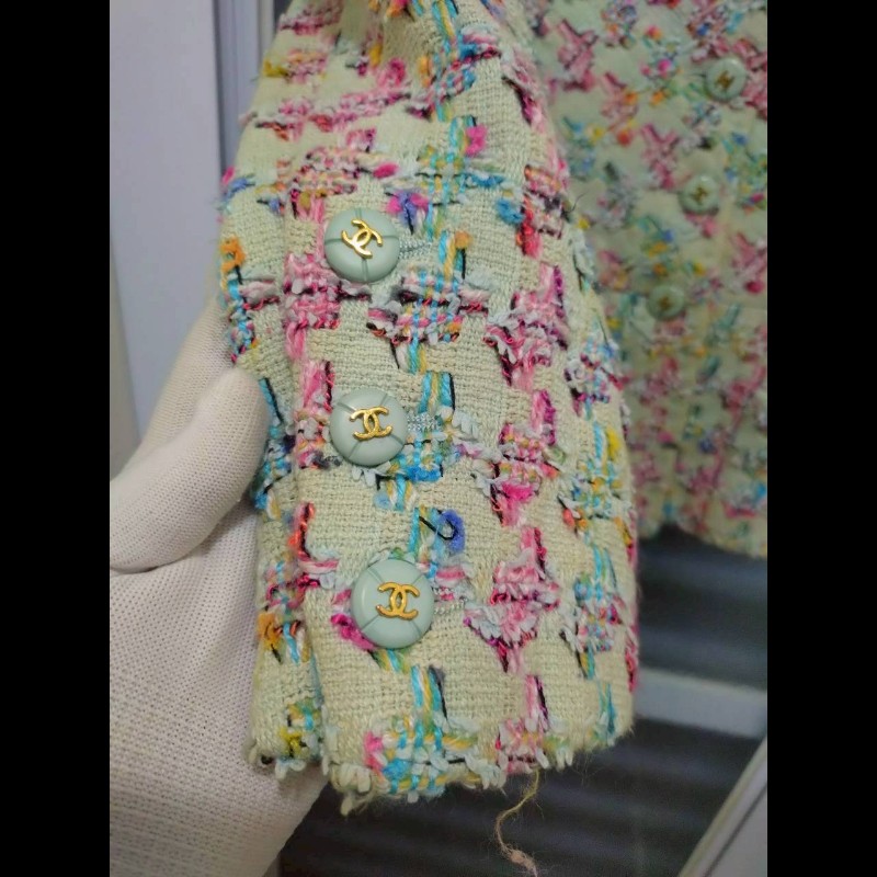 Chanel 嫩綠底藍粉綠千鳥格毛呢外套-18